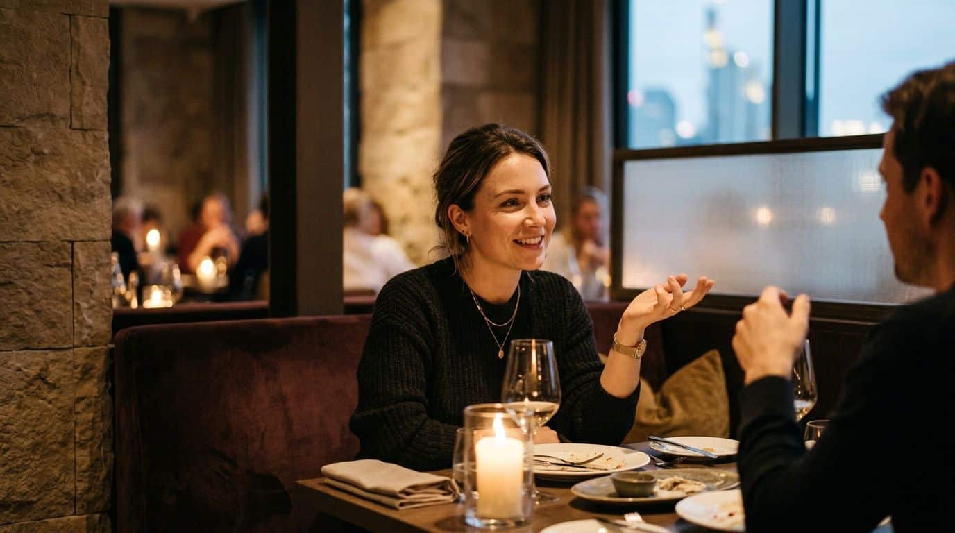 A happy couple talks by candlelight and wine in an elegant restaurant with a view of the Frankfurt skyline.