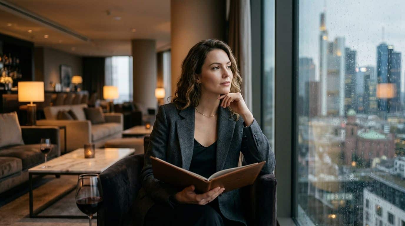 An elegant woman with a book sits in front of a window overlooking the Frankfurt skyline.