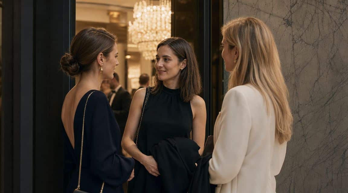 Drei elegant gekleidete Frauen unterhalten sich angeregt bei einem festlichen Event in einem luxuriösen Ambiente.