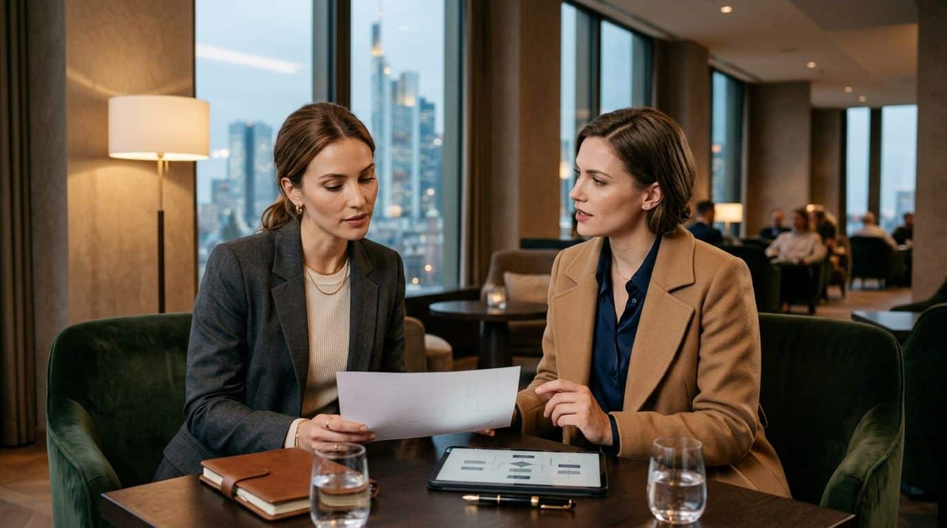 Two professional businesswomen in a modern office discuss documents with Frankfurt am Main's skyline in the background.