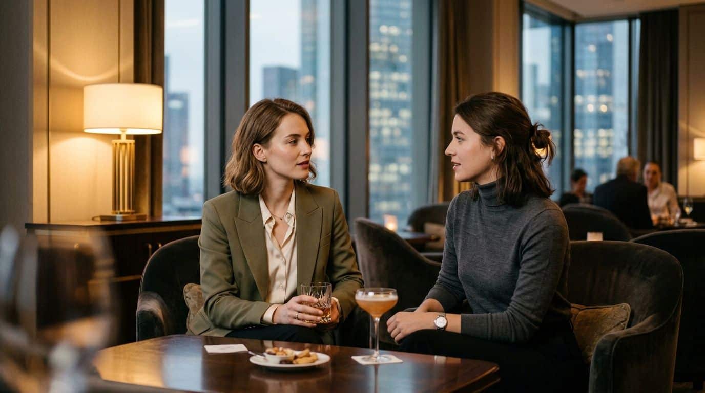 Two young women in professional attire converse over drinks in an elegant hotel lounge with a city view.