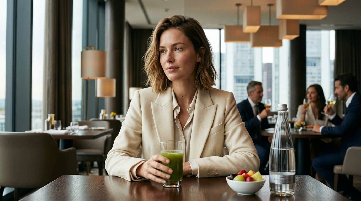 An elegant woman in a cream blazer drinks a green smoothie in a modern, upscale restaurant.