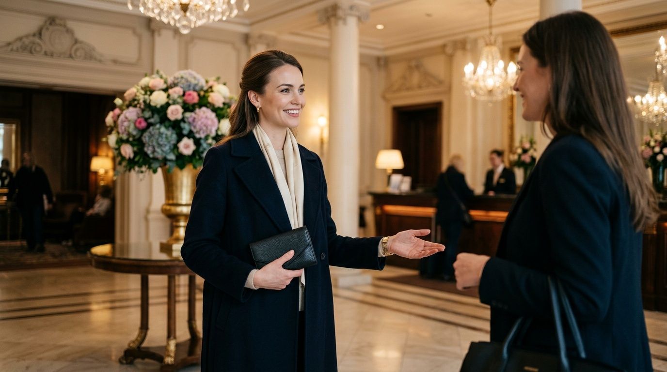Zwei elegant gekleidete Frauen unterhalten sich in der luxuriösen Lobby eines gehobenen Hotels oder einer Business-Einrichtung.