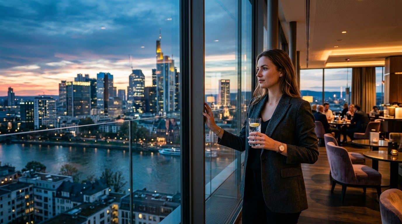 Eine elegante Frau in einem Blazer blickt aus einem Hochhaus-Fenster auf die Skyline von Frankfurt am Abend.