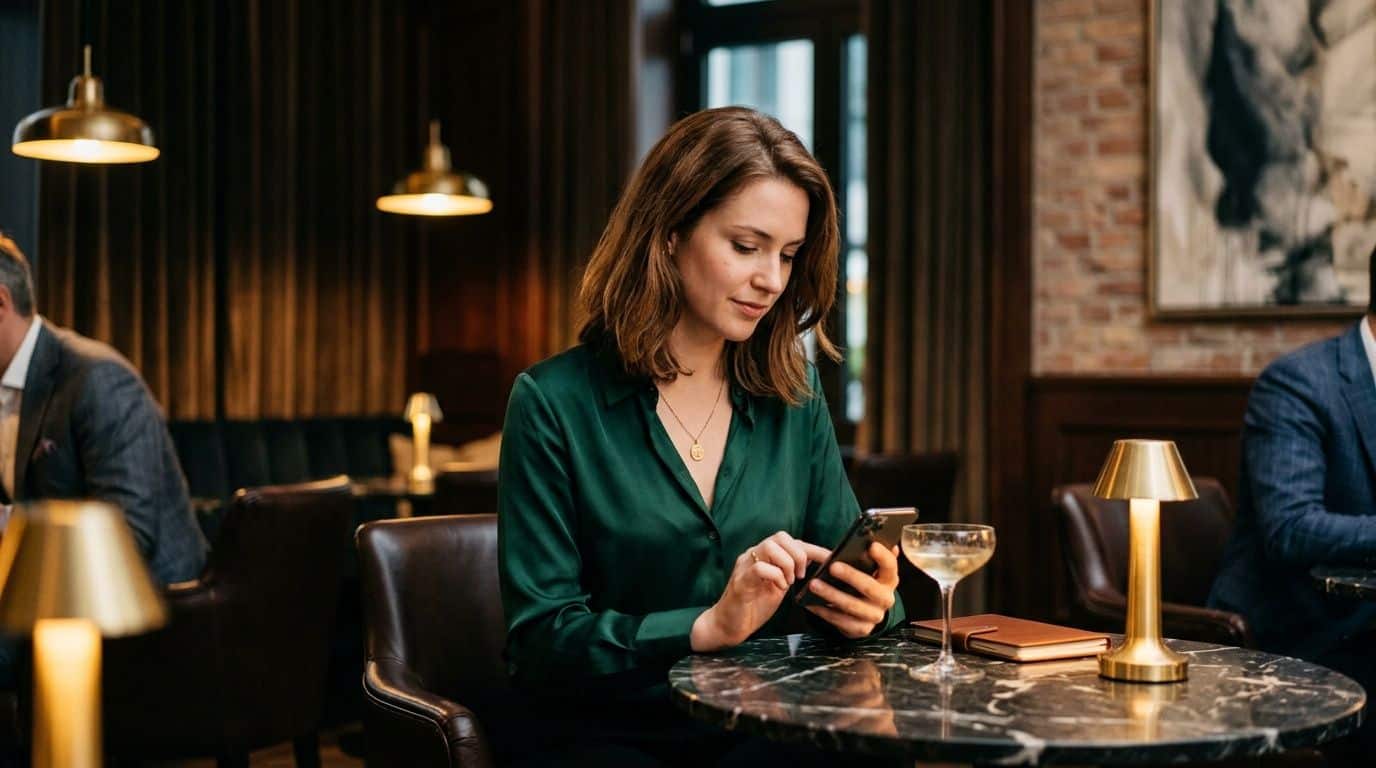 Eine elegante Frau in einer grünen Bluse sitzt in einer luxuriösen Bar und schaut auf ihr Smartphone.