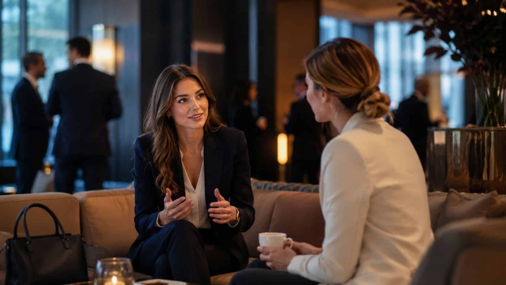 Zwei professionelle Geschäftsfrauen unterhalten sich in einer luxuriösen Hotellobby bei einer Tasse Kaffee während eines Meetings.