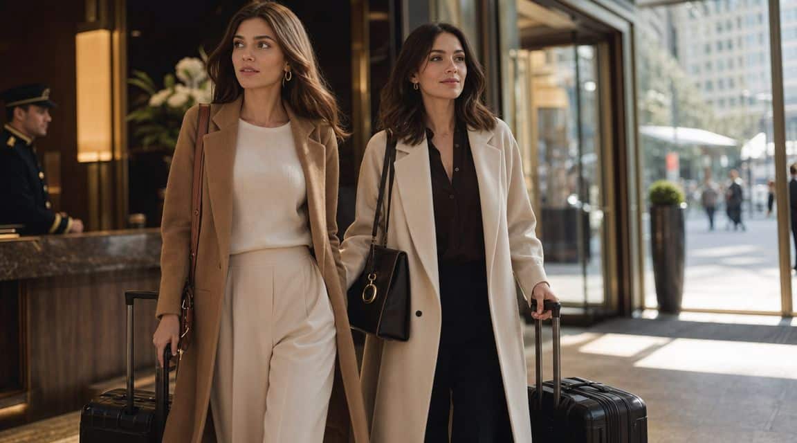 Zwei elegante Frauen mit Koffern verlassen gemeinsam ein luxuriöses Hotel in einer belebten Stadt.