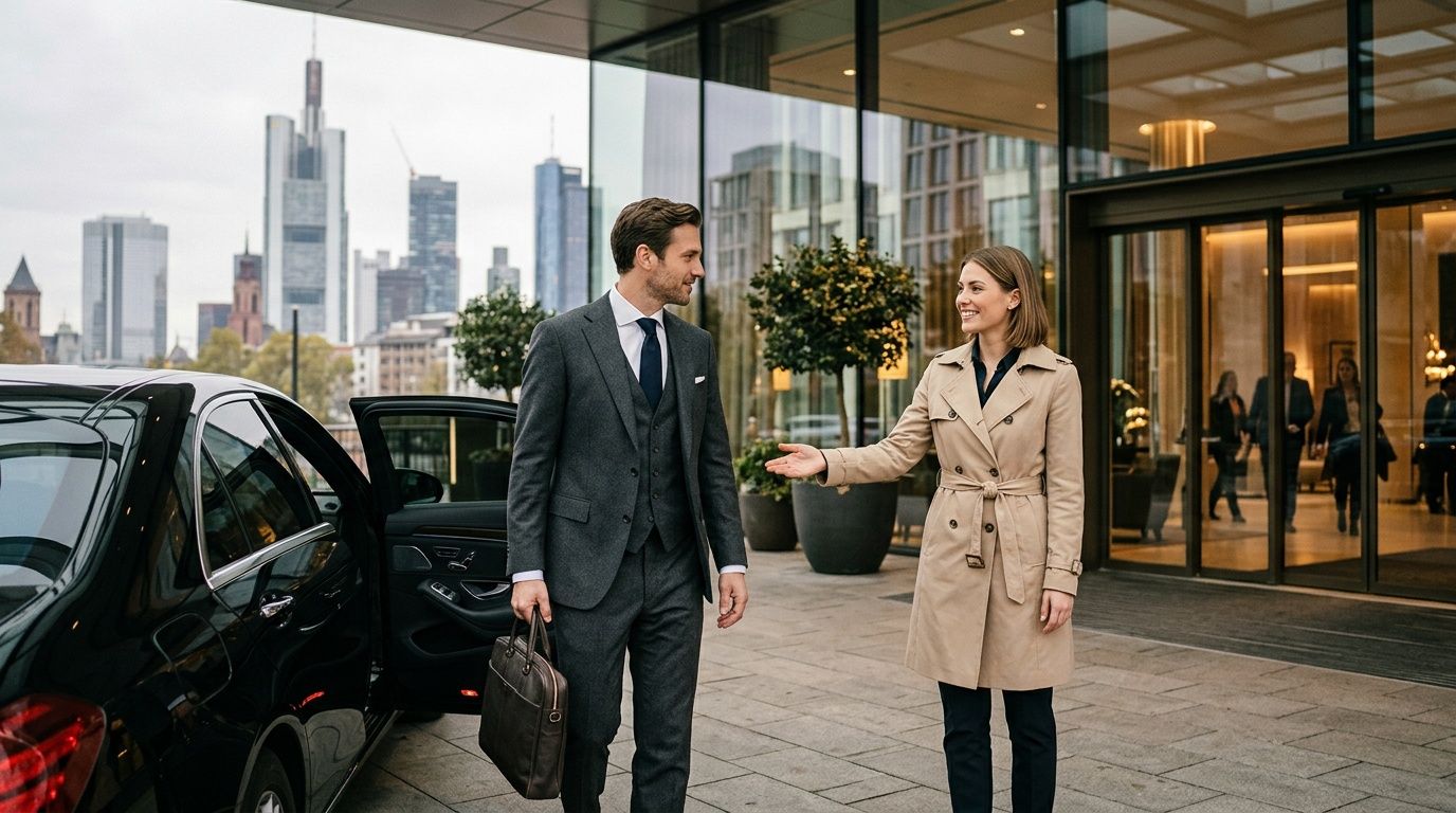 Ein Geschäftsmann steigt aus einer luxuriösen Limousine vor einem modernen Bürogebäude in Frankfurt aus.