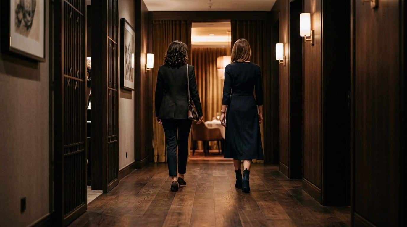 Zwei elegant gekleidete Frauen gehen einen luxuriös eingerichteten Flur in einem gehobenen Hotel entlang.