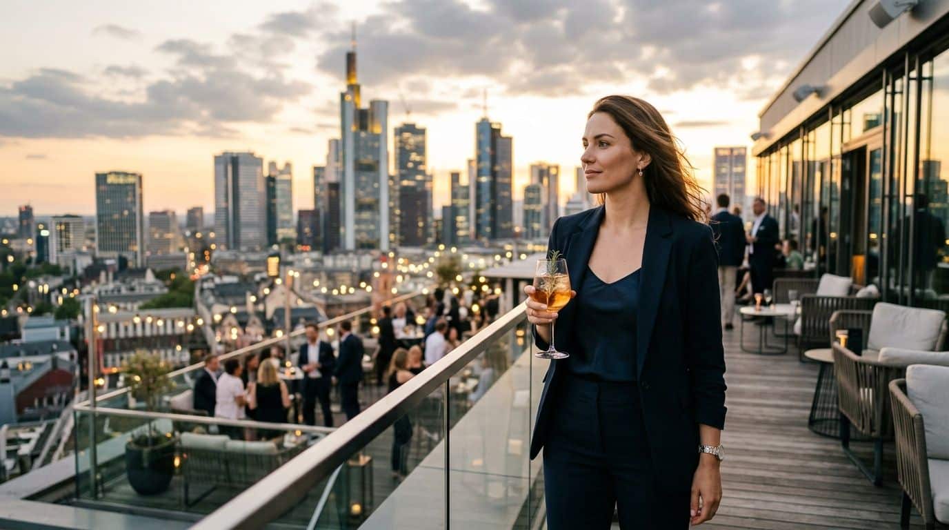 Eine elegante Frau mit einem Getränk auf einer Dachterrasse vor der Skyline von Frankfurt am Main.