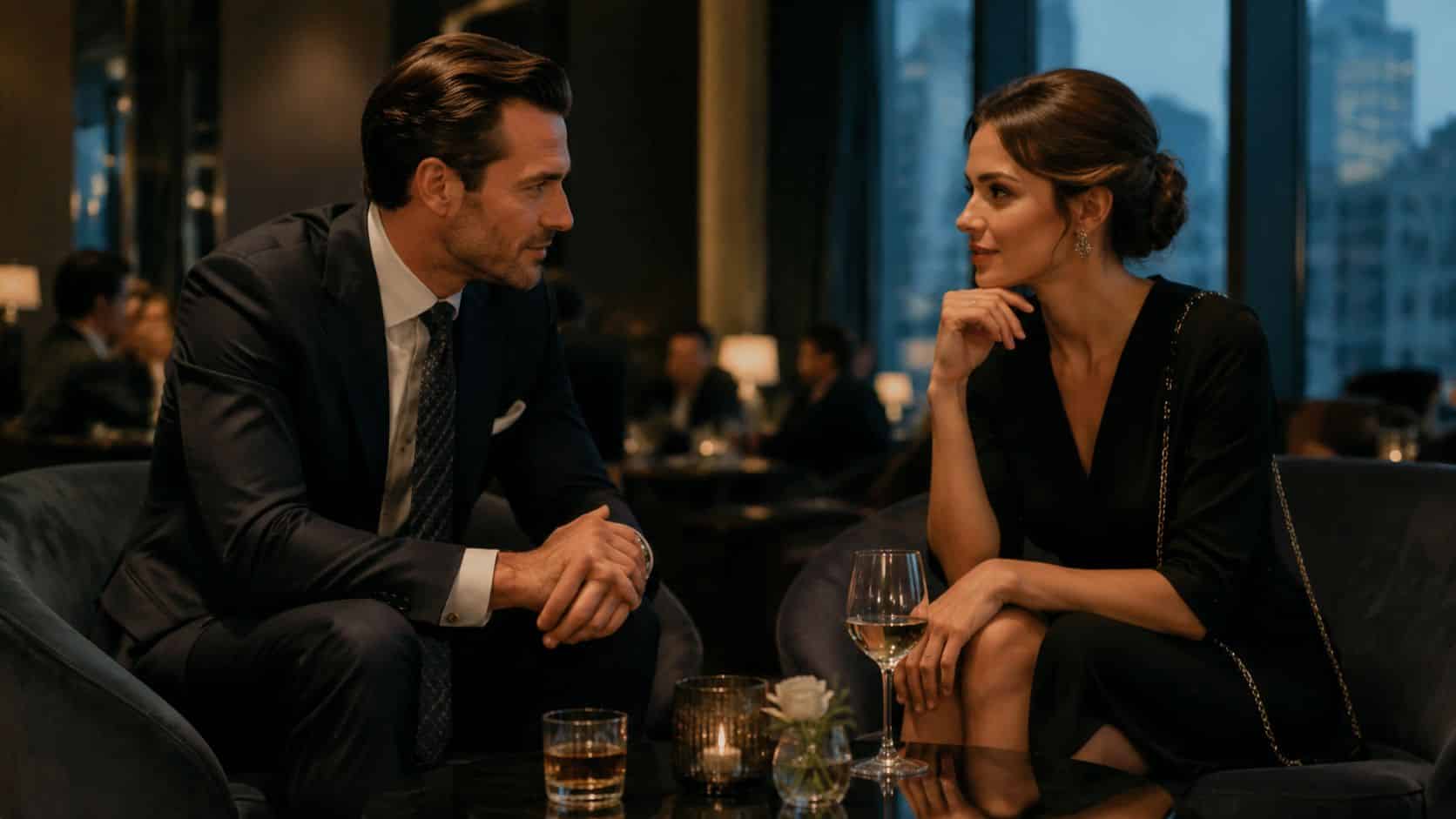 An elegant couple talks over a drink in a chic bar with a view of the city.