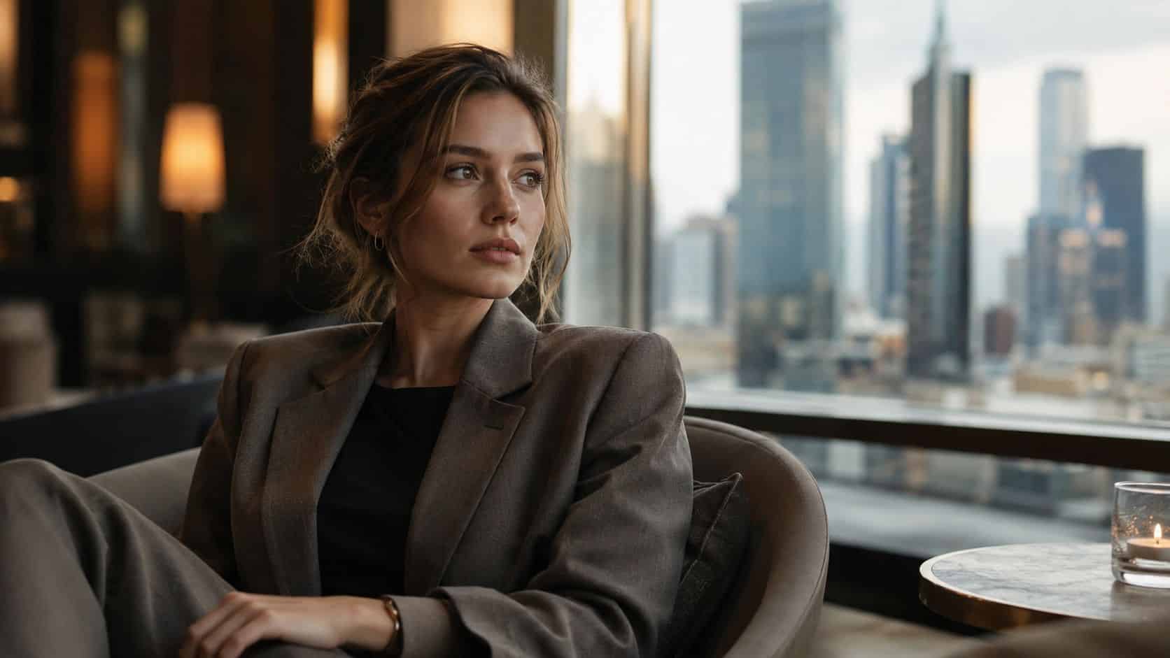 Eine stilvolle Frau im Business-Anzug sitzt nachdenklich in einem eleganten Hotelzimmer mit Blick auf die Skyline.