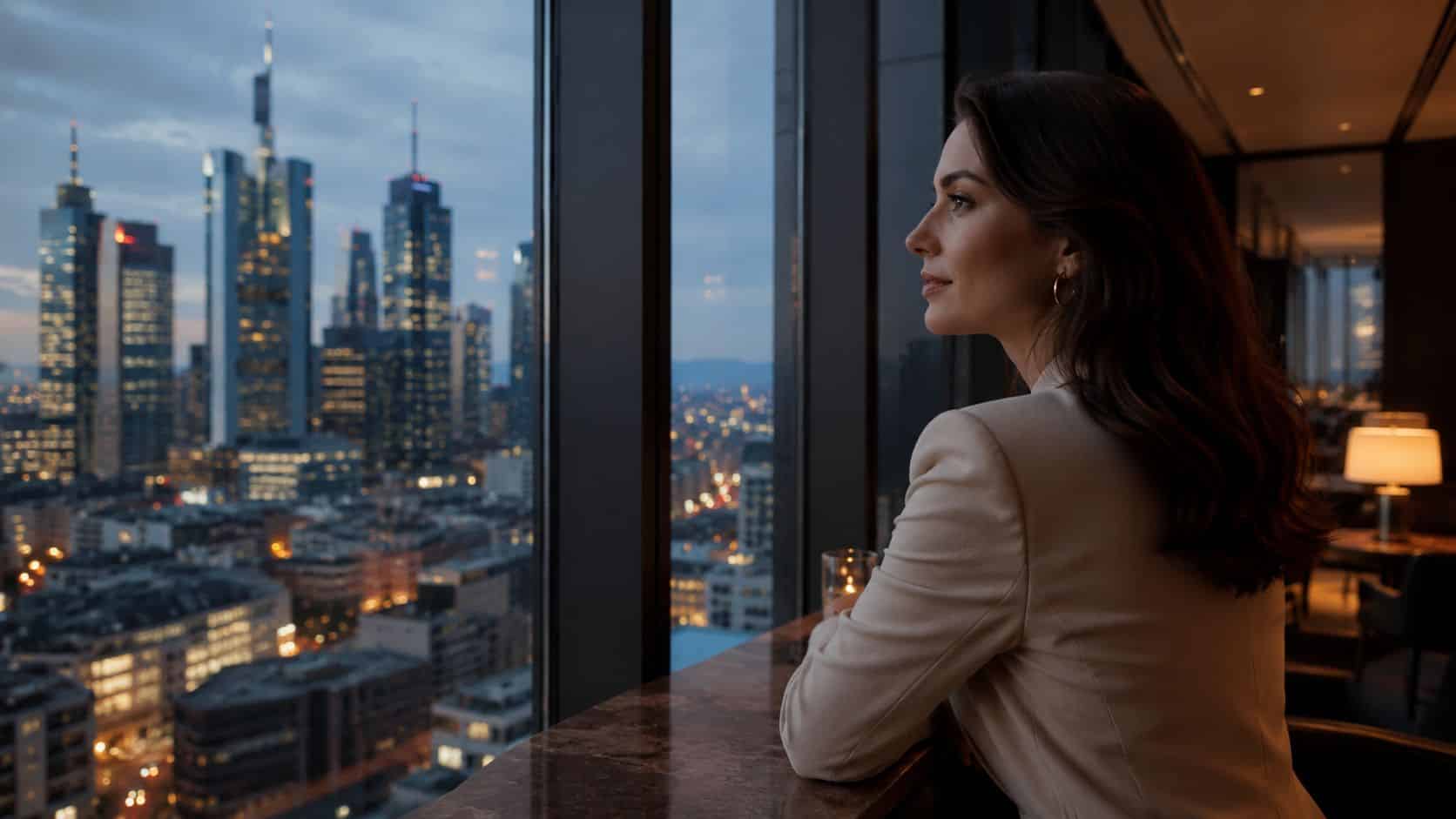 Eine elegante Frau schaut abends aus einem Hochhausfenster auf die erleuchtete Skyline von Frankfurt am Main.