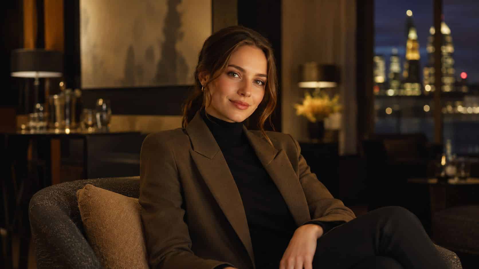 Eine elegante Frau in einem braunen Blazer sitzt abends in einer luxuriösen Hotel-Lounge mit nächtlicher Skyline-Aussicht.