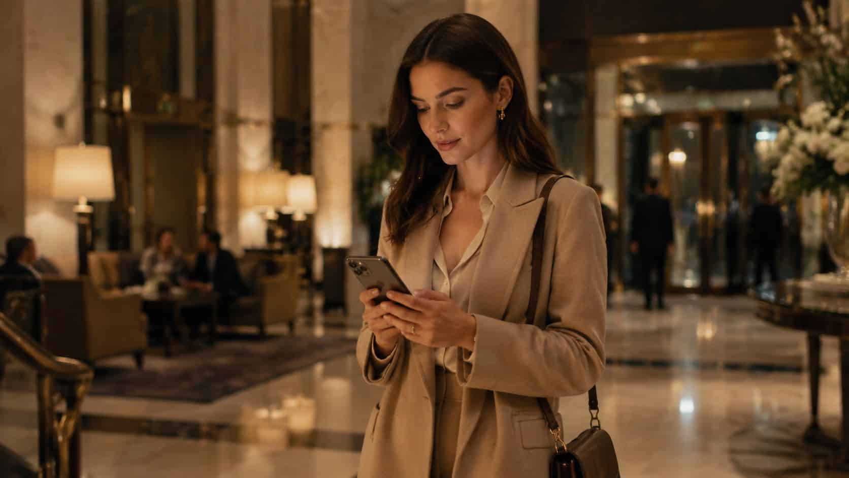 Eine elegante Frau mit beigem Mantel betrachtet ihr Smartphone in der luxuriösen Lobby eines gehobenen Hotels.