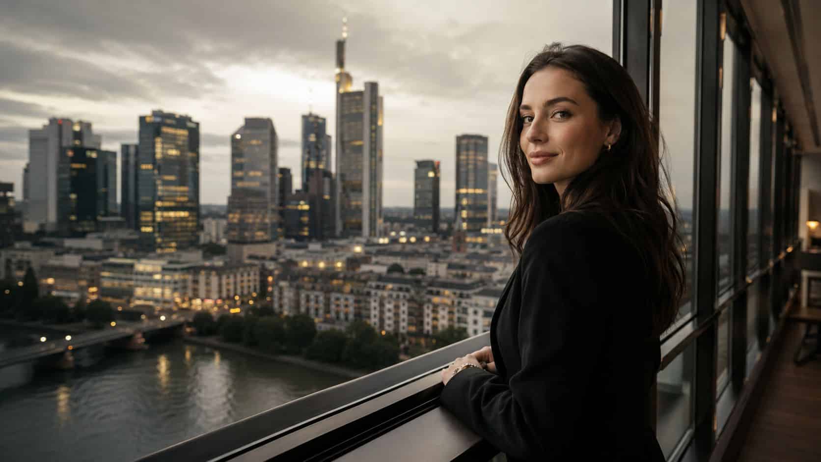 Eine elegante Frau in einem schwarzen Blazer steht an einem Fenster mit Blick auf die Skyline von Frankfurt.