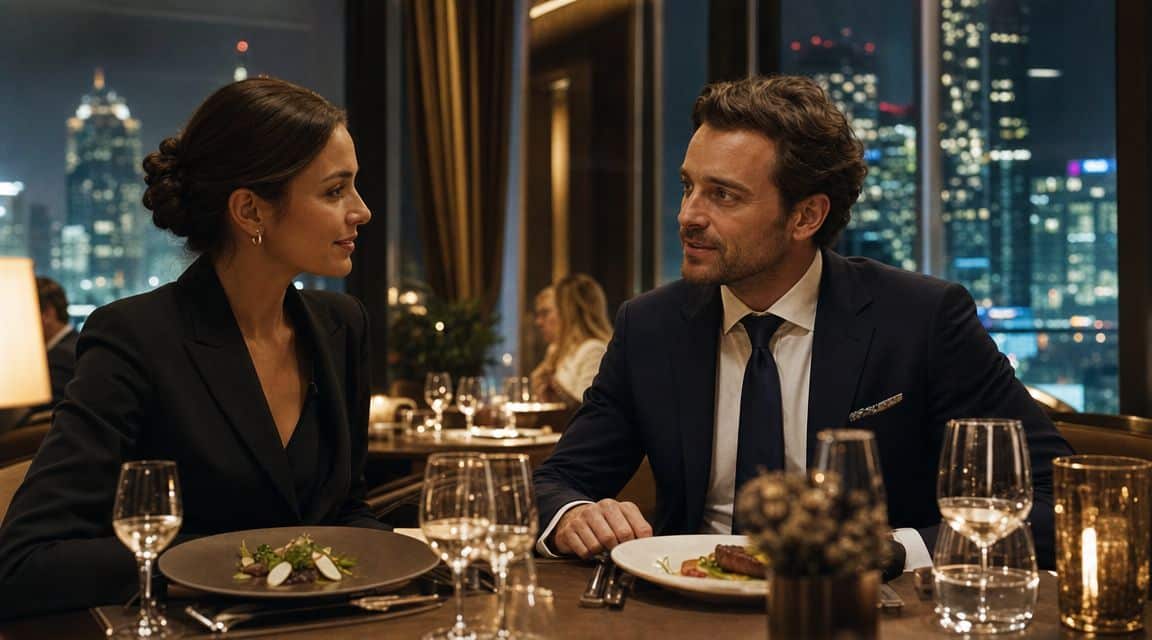 An elegant couple enjoying a chic dinner at a restaurant with a view of the city's nocturnal skyline.