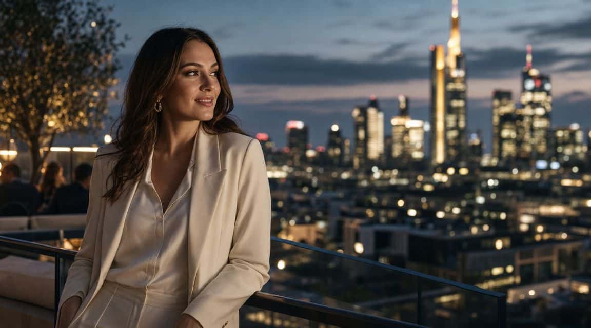An elegant woman in a white business suit stands on a terrace in the evening, overlooking a illuminated skyline.