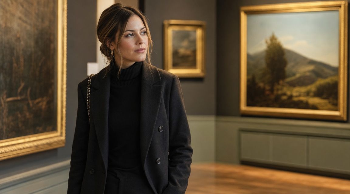 An elegant woman in a blazer thoughtfully observes impressive paintings in a stylish and quiet art gallery.
