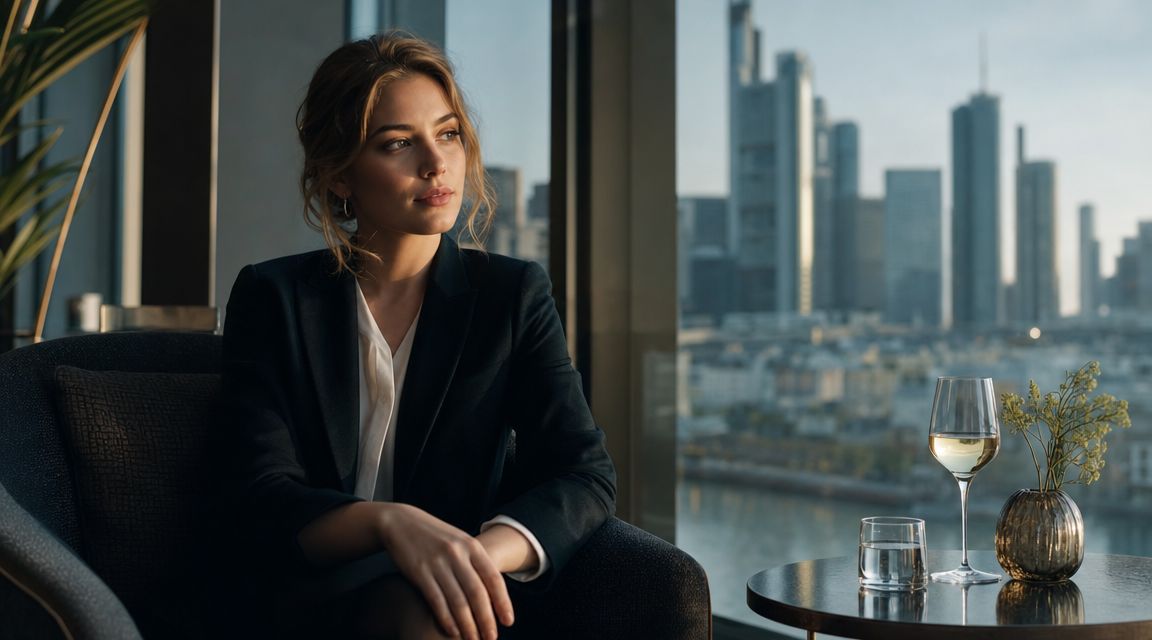 An elegant businesswoman looks out at the Frankfurt am Main skyline in a luxurious room.