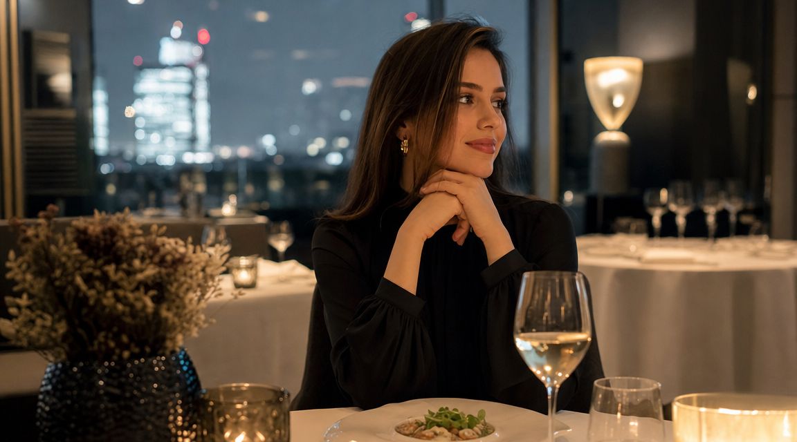 An elegant woman enjoys dinner at an upscale restaurant with a view of the Frankfurt skyline.