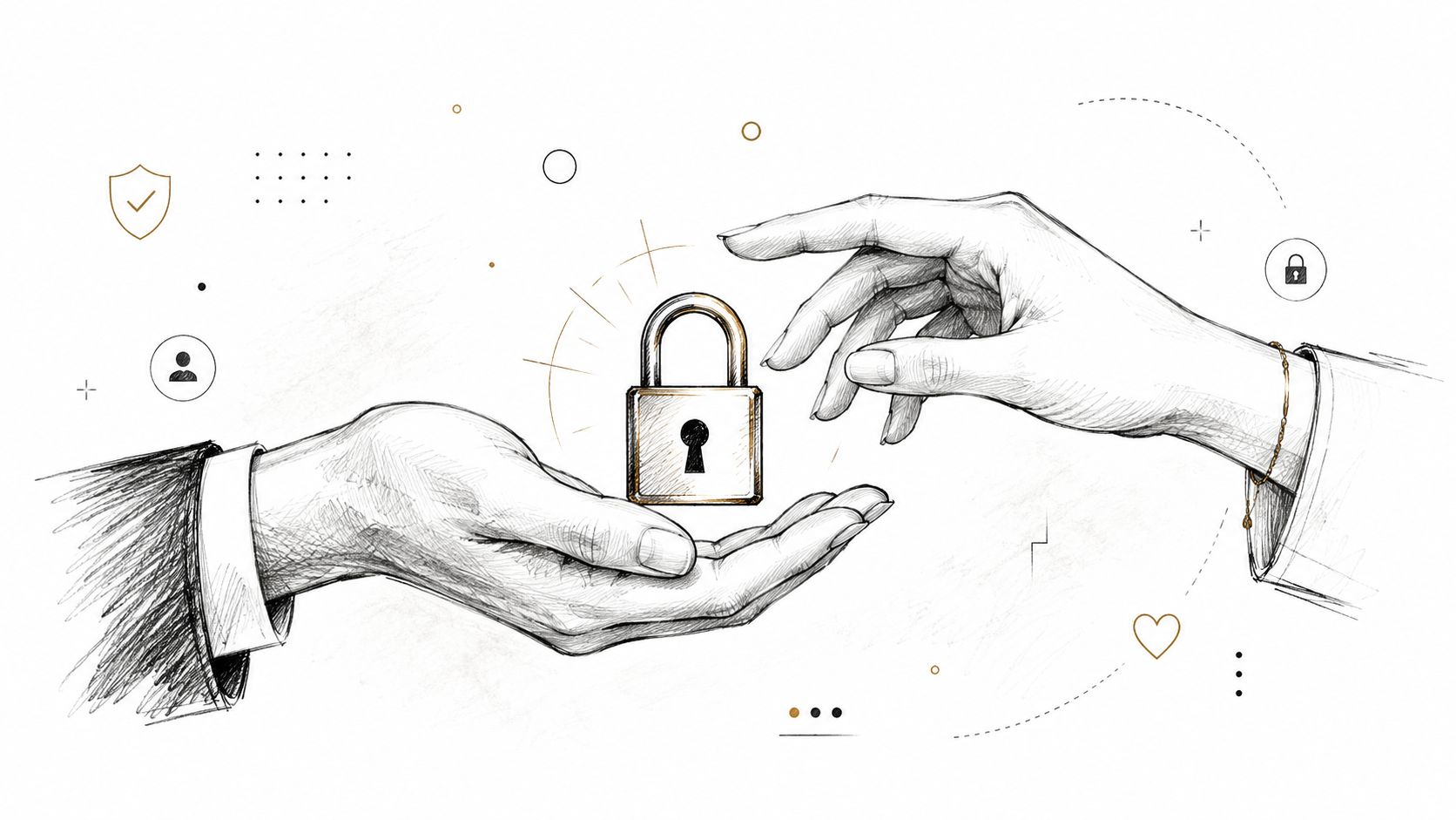 Ein Paar Hände, die ein goldenes Vorhängeschloss halten und schützen, symbolisch für Sicherheit und professionelle Begleitung.