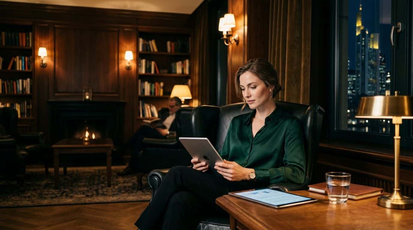 Eine elegante Geschäftsfrau liest in einem luxuriösen Frankfurter Hotelzimmer bei Nacht auf einem Tablet.