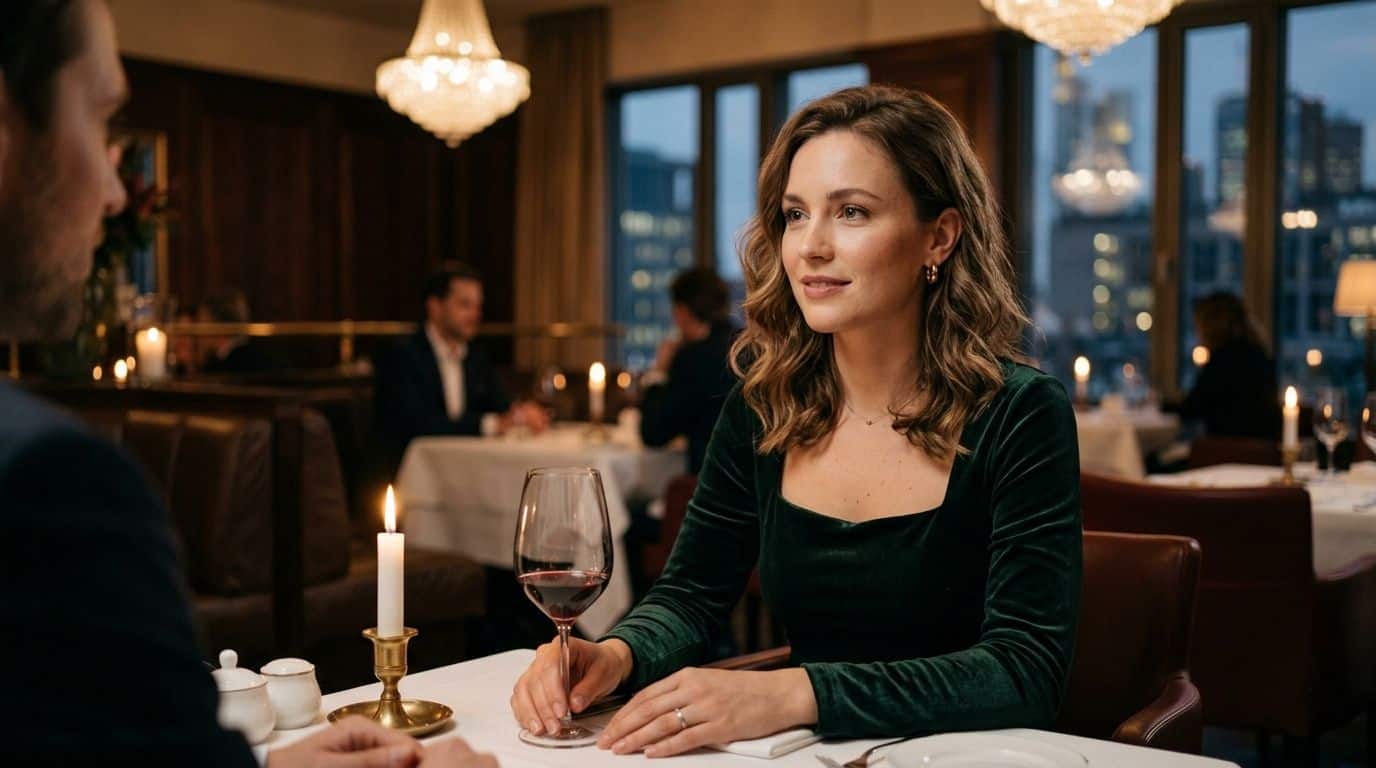 Eine elegante Frau in einem grünen Kleid bei einem romantischen Abendessen in einem gehobenen Restaurant in Frankfurt.