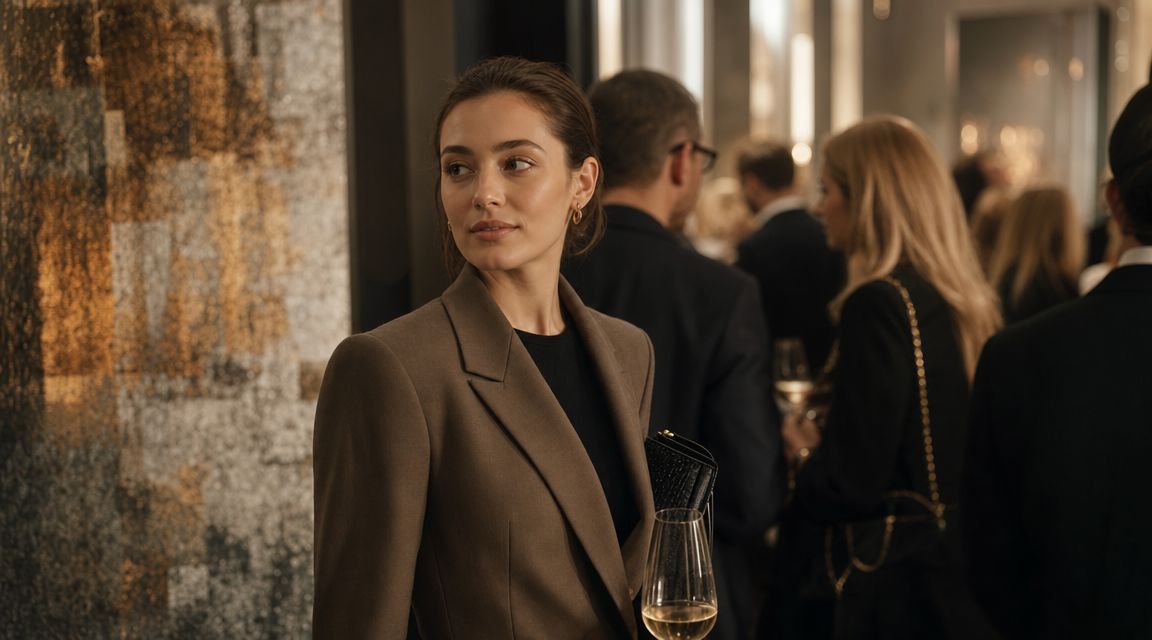 An elegant woman in a brown blazer at an exclusive evening reception in a chic event location.