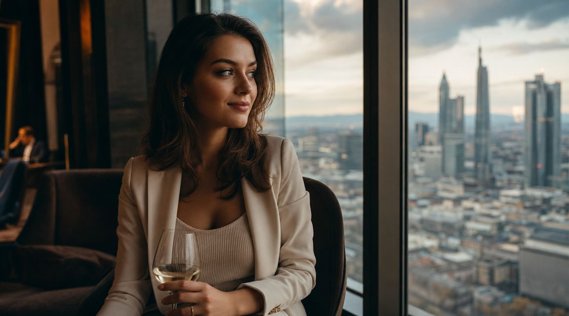 An elegant young woman with a glass of wine enjoys the view of the Frankfurt am Main skyline.
