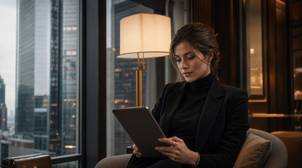 A professional woman in a black blazer works intently on a tablet in the evening against a skyline backdrop.