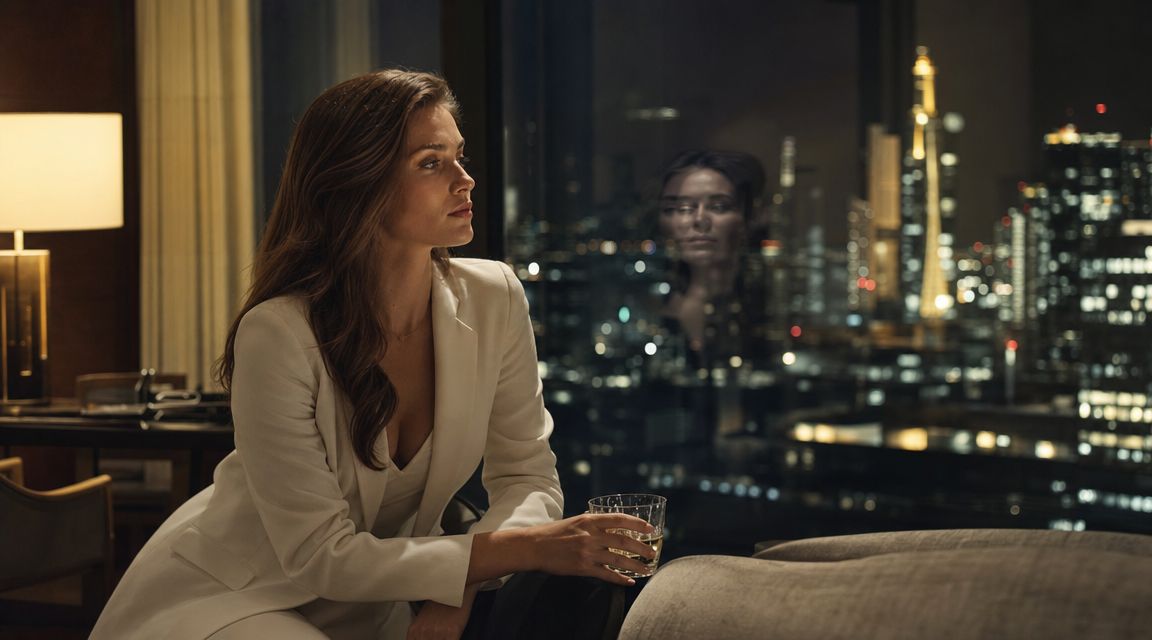An elegant woman in a white blazer sits in the evening with a drink in front of a glowing nighttime skyline.