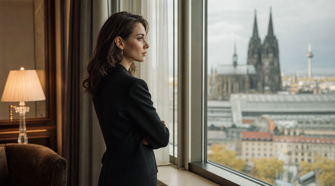 Eine elegante Frau in einem schwarzen Blazer steht am Fenster und schaut auf den Kölner Dom.
