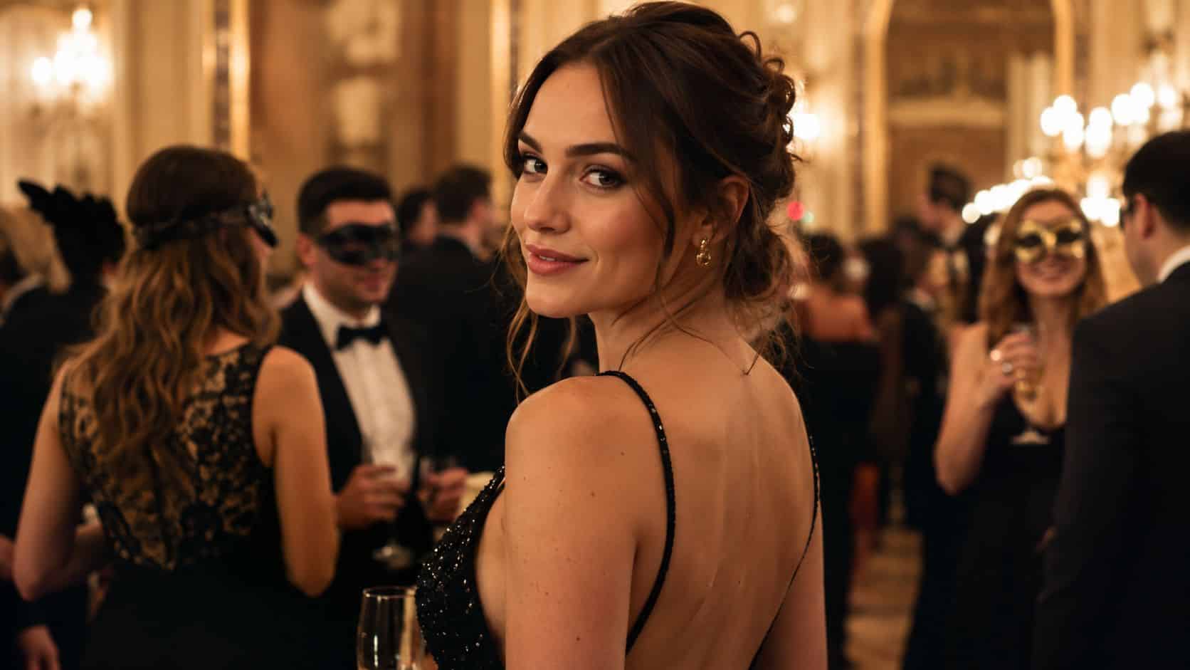 Eine elegante Frau in einem Abendkleid blickt bei einem luxuriösen Maskenball in die Kamera.