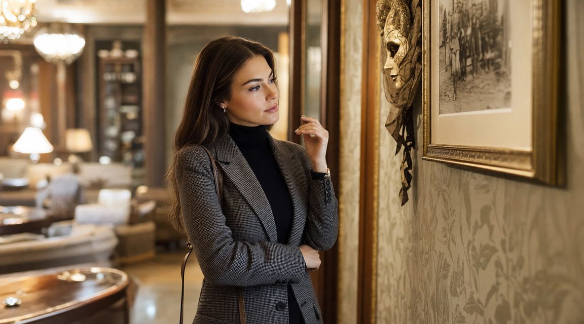 Eine elegante Frau mit Blazer betrachtet nachdenklich eine venezianische Maske an der Wand in einem luxuriösen Hotel.